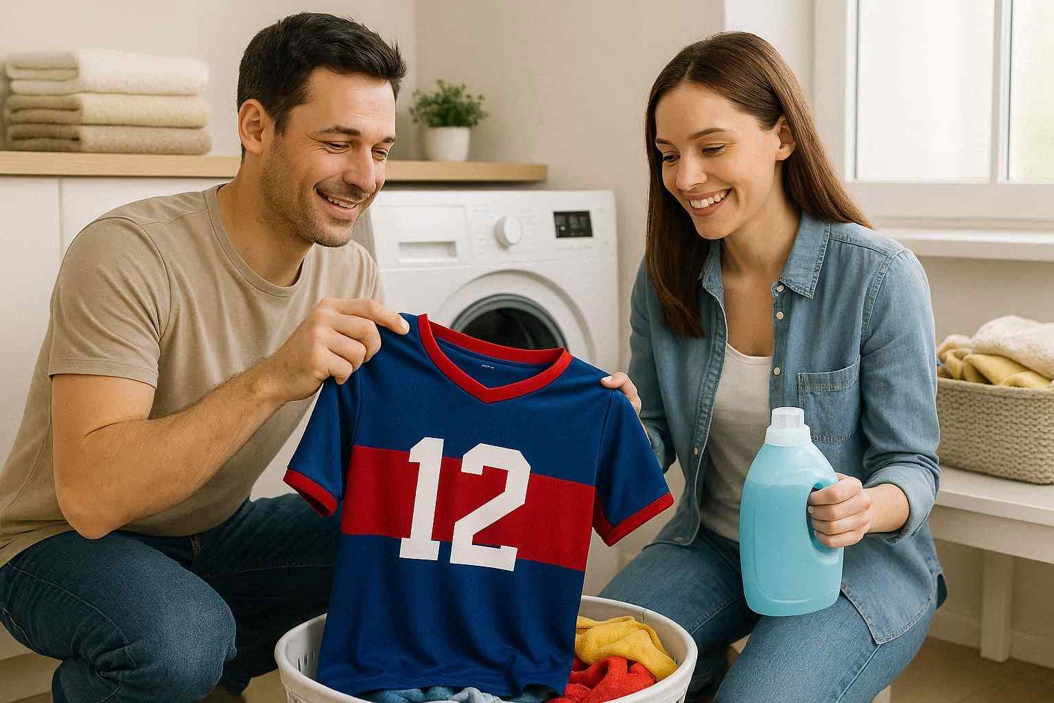 Orang mencuci jersey bola di mesin cuci dengan aman dan benar, bagian dalam jersey dibalik ke luar, deterjen cair terlihat, pakaian terpisah