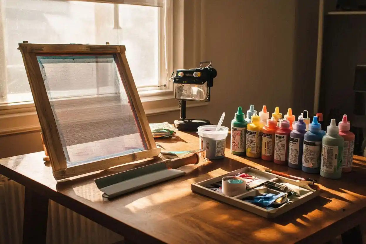 Alat sablon manual pemula lengkap termasuk screen frame, rakel, tinta sablon, emulsi, dan peralatan pendukung untuk bisnis rumahan