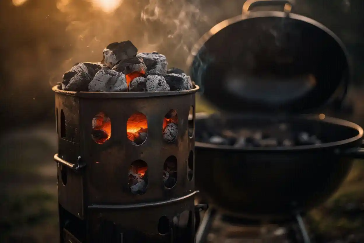 Correct usage charcoal briquettes grilling shown through a lit chimney starter with glowing ash-gray briquettes ready to pour into an open kettle grill