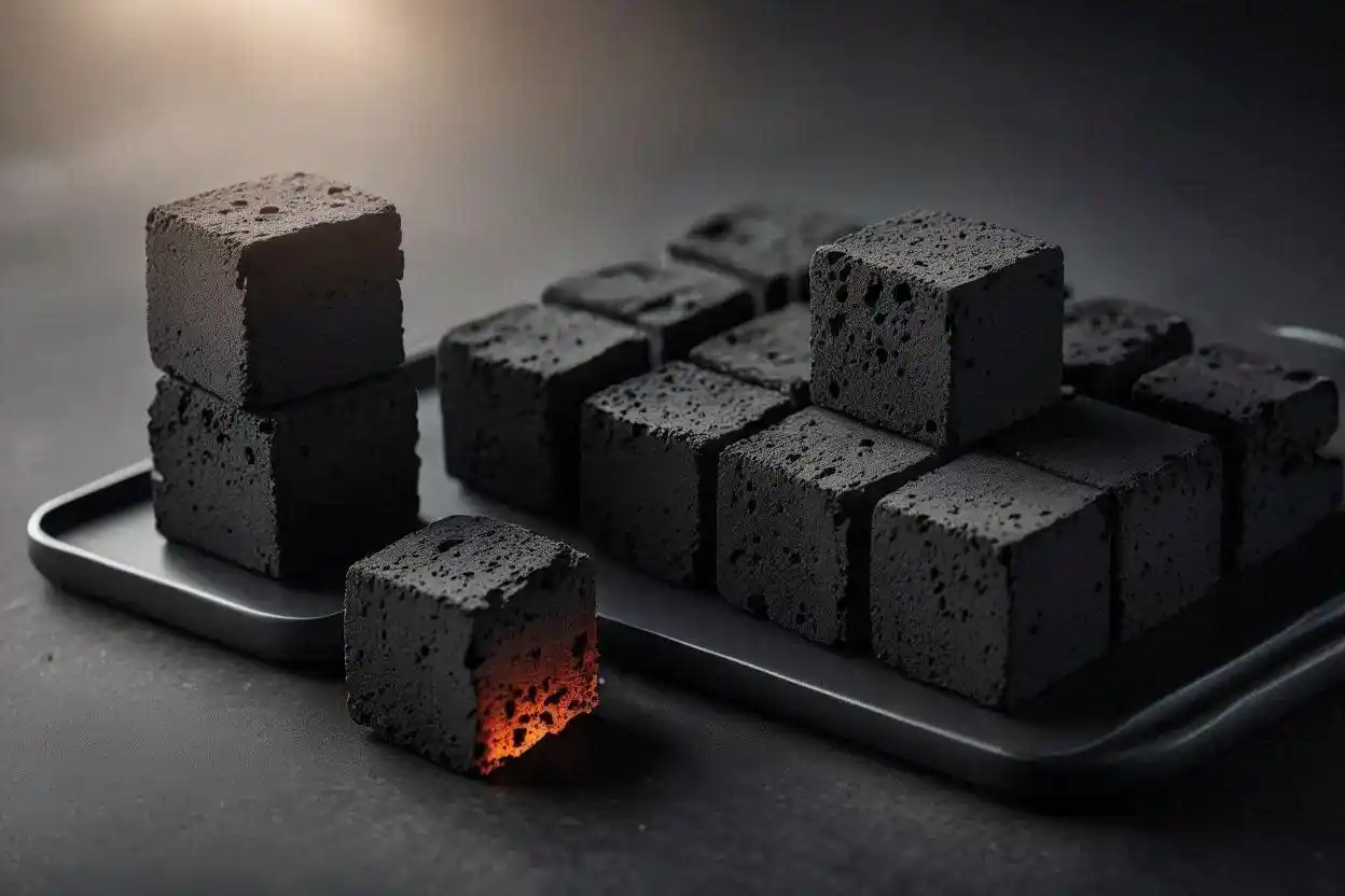 Refined coconut charcoal cube fuel with uniform cubes and clean burning heat