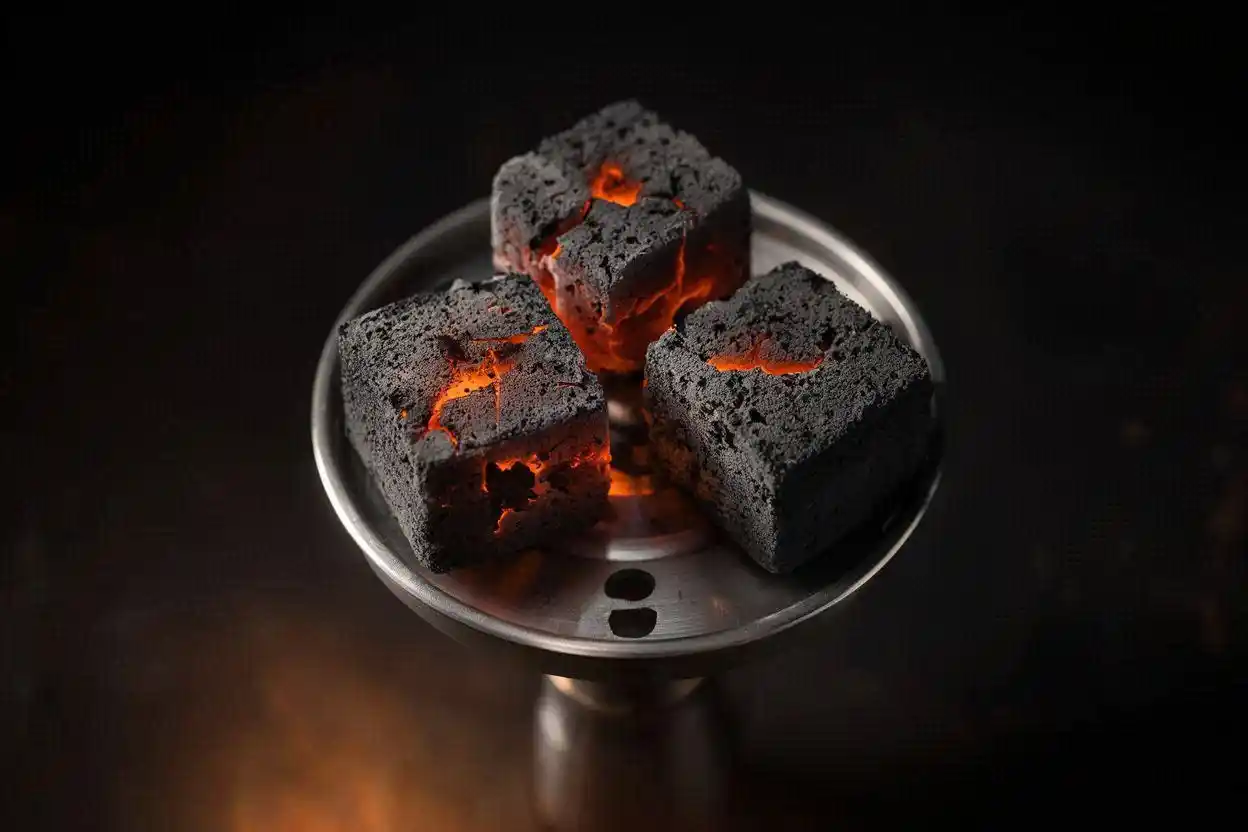 refined coconut charcoal for hookah placed on a heat management device with glowing embers